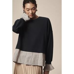 Maeve Striped Trim Twofer Sweatshirt Size M Navy Blue Top Anthropologie Preppy